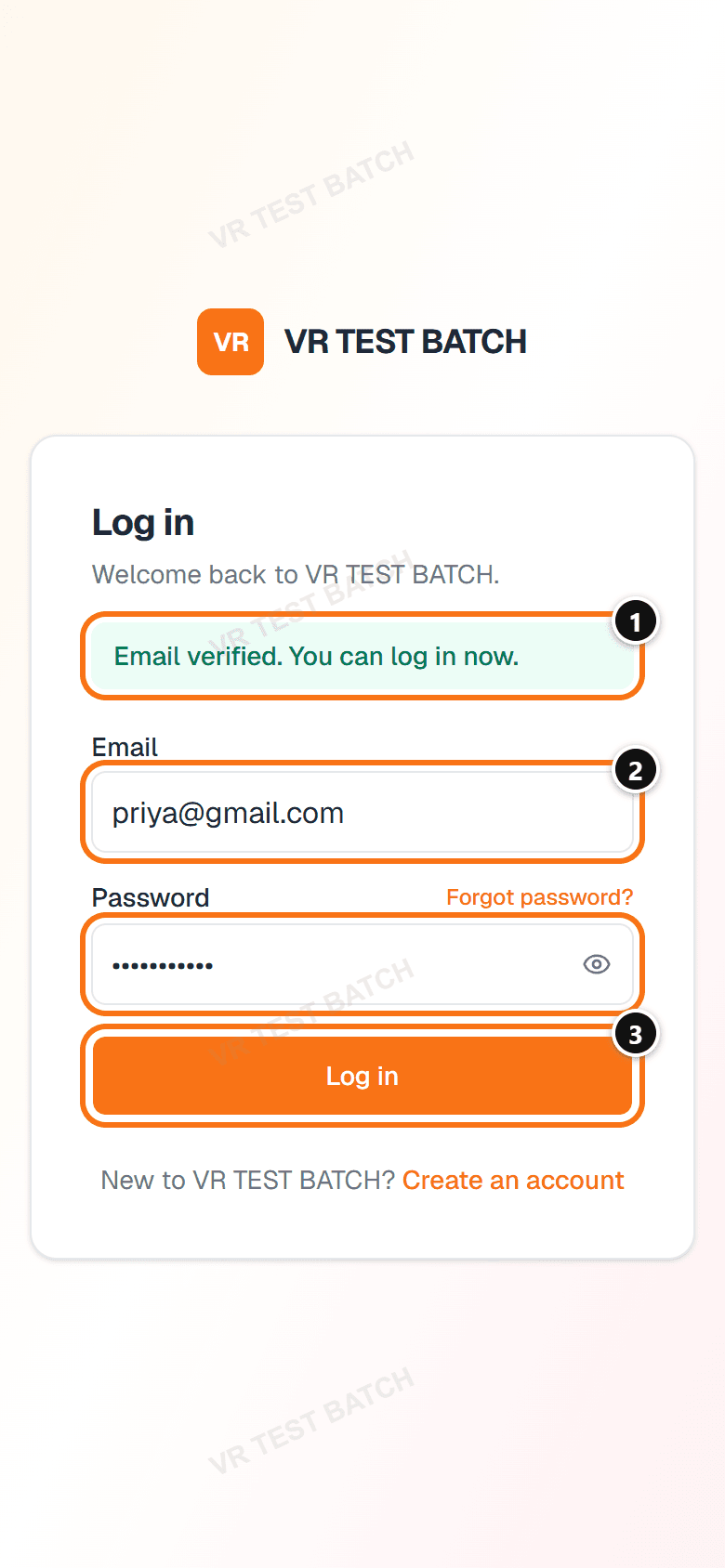 Login screen with Email verified message marked 1, email and password marked 2, Log in marked 3