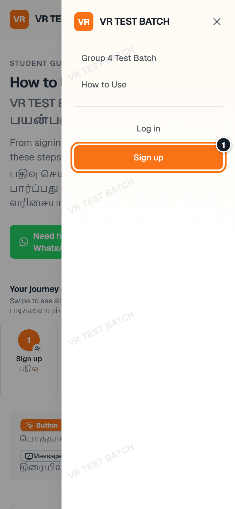 Phone menu open with the Sign up button marked 1