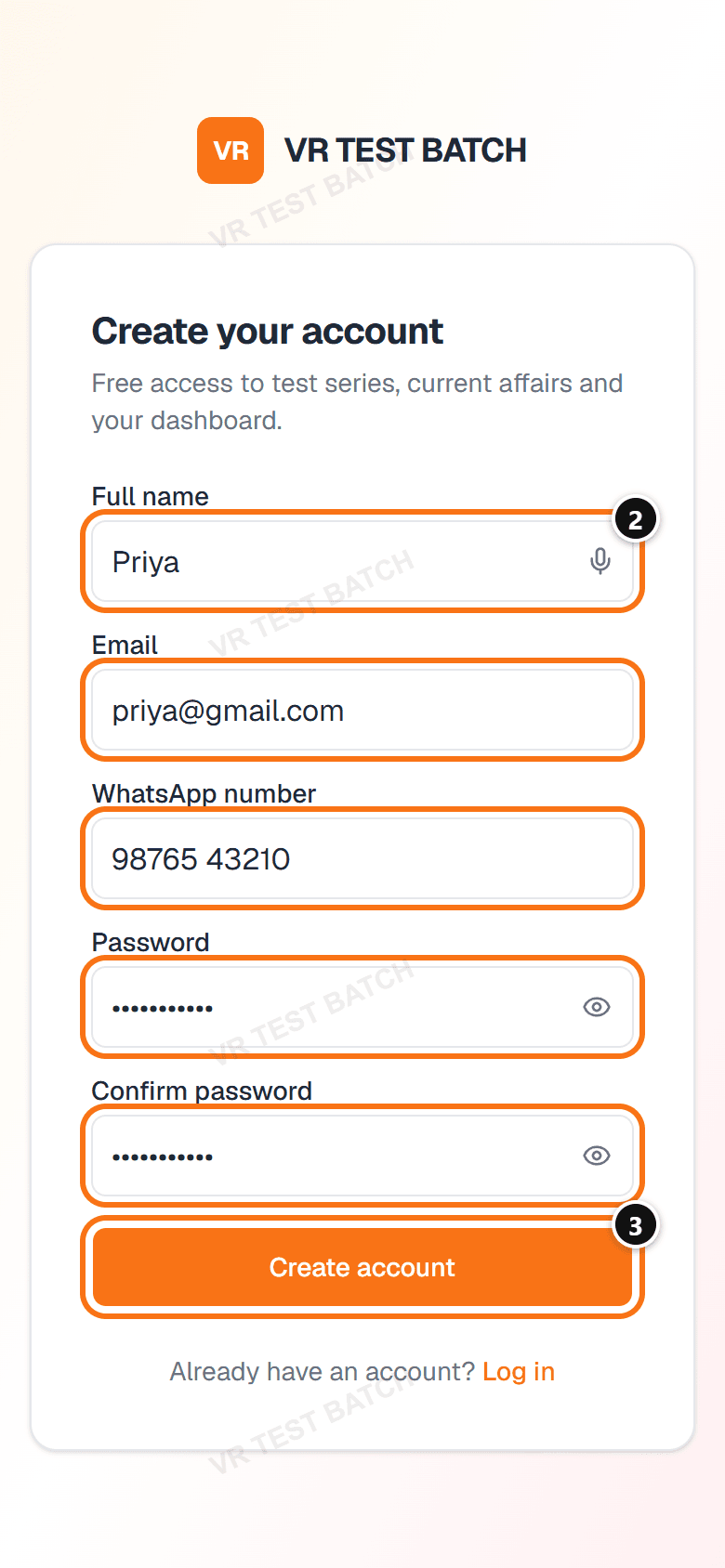 Sign up form filled in, fields marked 2 and Create account marked 3