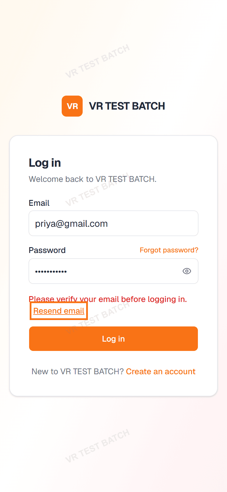 Login screen saying Please verify your email before logging in, with Resend email outlined