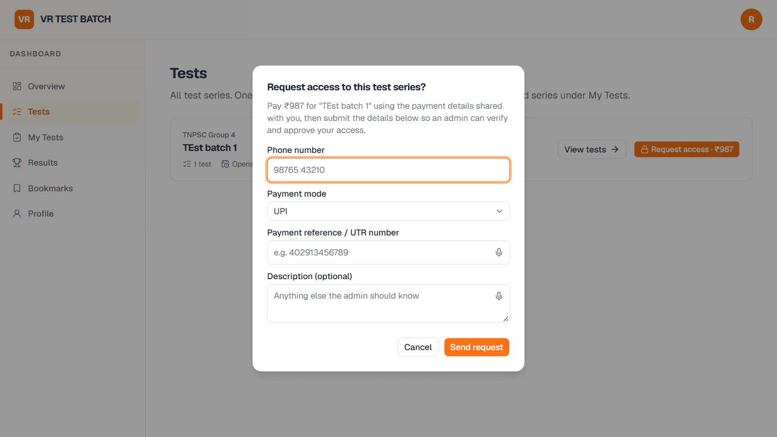Request access form asking for phone number, payment mode and UTR number