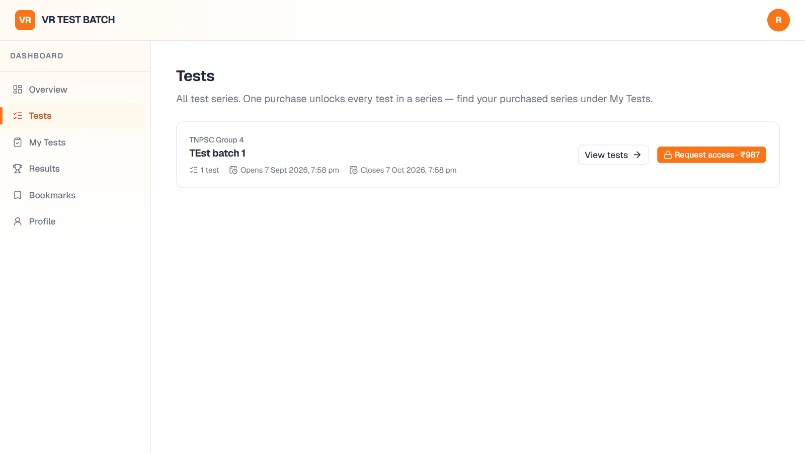 Tests page listing a test series with View tests and Request access buttons